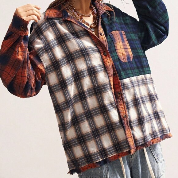 Multicolor Boho Women's Patchwork Long Sleeve Button-Up Plaid Blouse - Picture 5 of 7